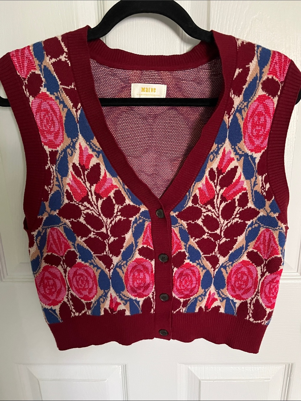 Maeve Burgundy, Pink and Blue Floral Knit Button-Front Sweater Vest